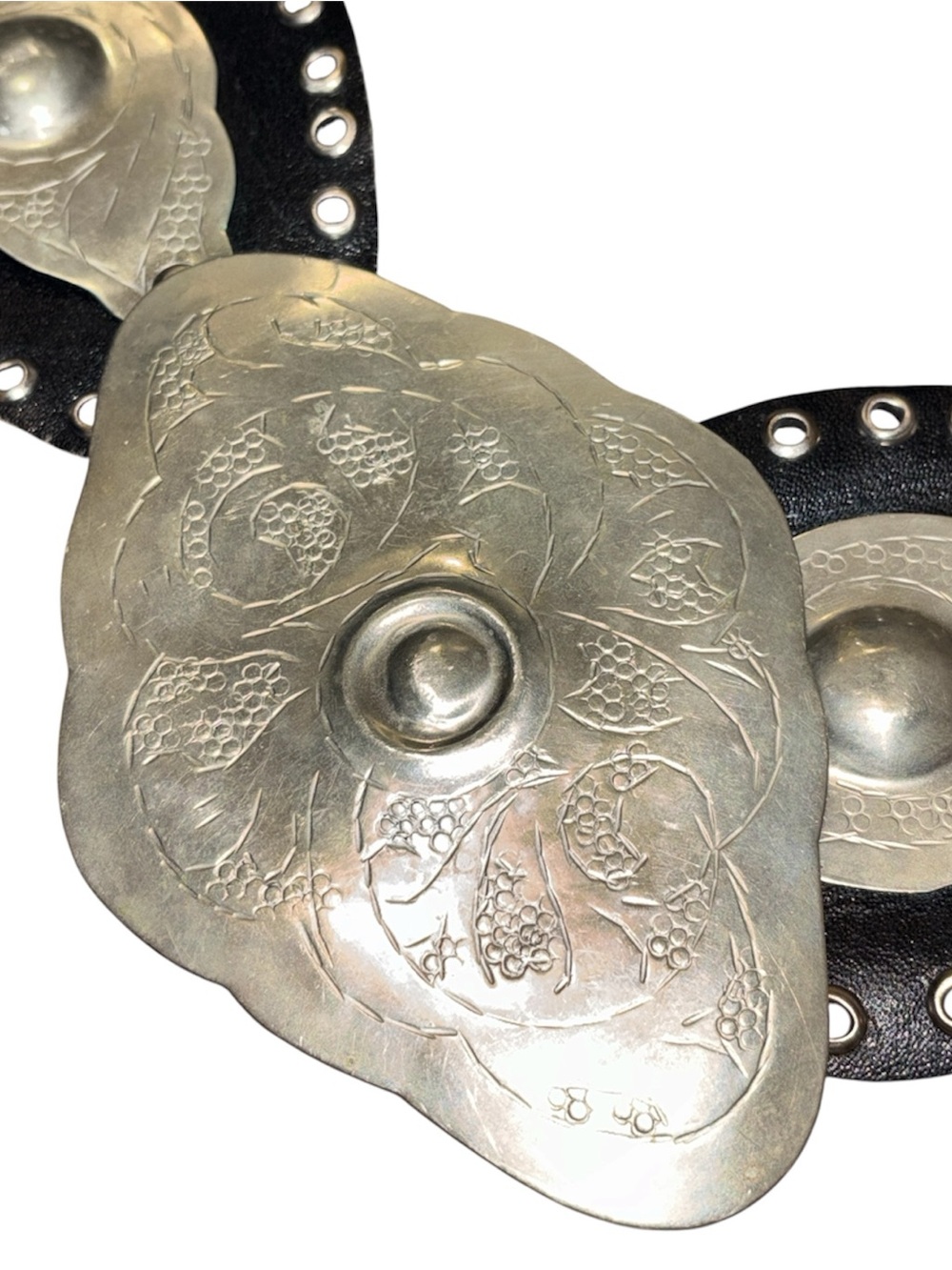 Vintage Silver-Tone Floral Concho Belt - Black Leather Made in Morocco